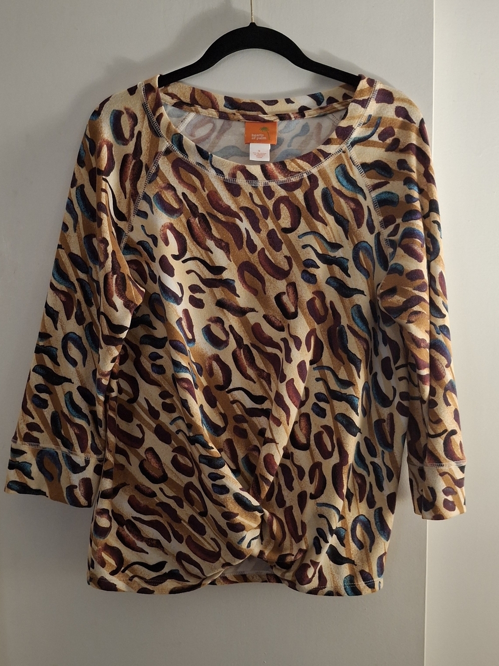 Hearts Of Palm Women's Leopard Print Twist-Hem Top in Tan and Blue
